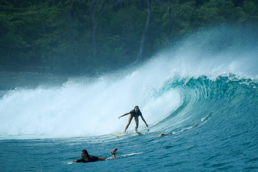 Surfer in the lineup with pelicans flying overhead